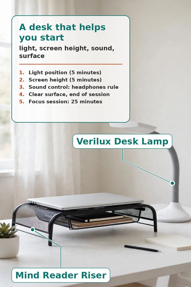 Desk Setup for Focus: Light, Screen, Sound, Surface