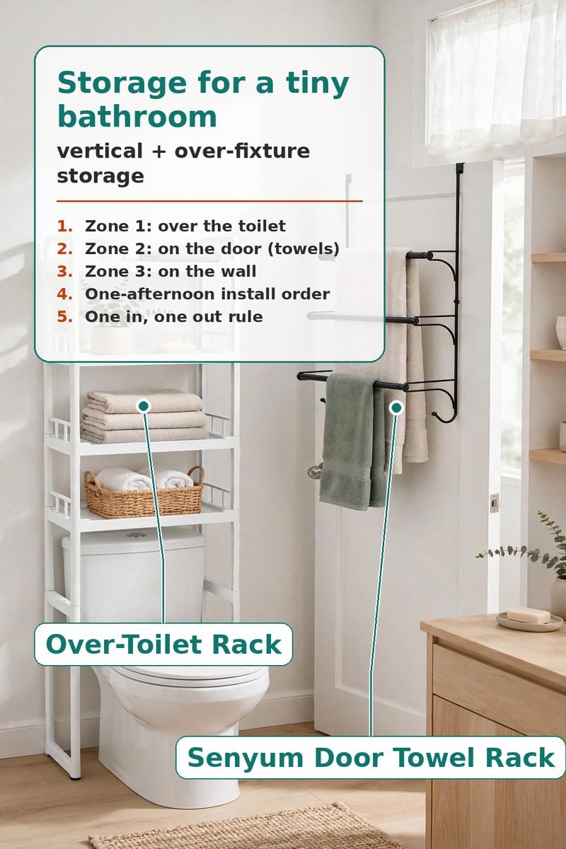 Tiny Bathroom, Everything Stored: Over-Toilet, Door and Wall Space