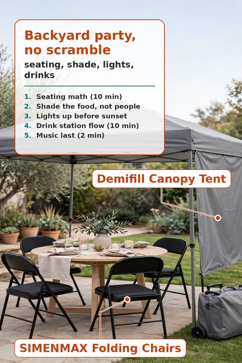 Backyard Party Setup: Seating, Shade, Light, Music - Done